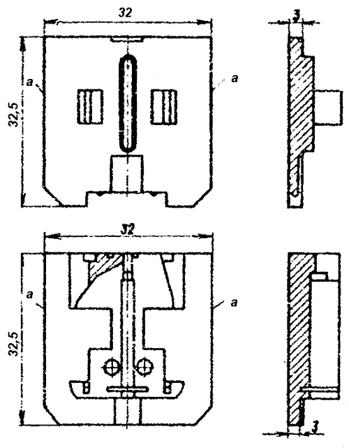 Рис. 2. Корпус (внизу) и щека дросселя карбюратора К—301 (К—302): а — боковые поверхности.