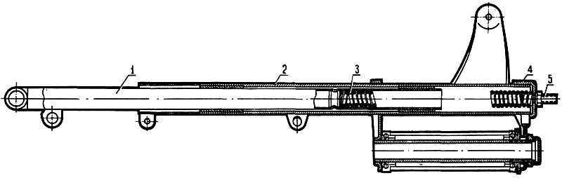 В передней вилке резьбовой наконечник заменен коническими вытяжками на верхнем мостике: 1 — внутренняя труба; 2 — остов вилки; 3 — пружина амортизатора; 4 — верхний мостик с коническими вытяжками; 5 — верхний наконечник