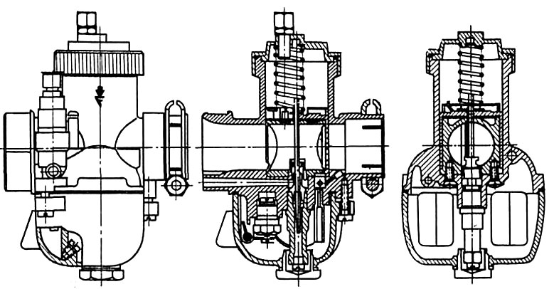 Разрез нового карбюратора с центральной поплавковой камерой и пусковым устройством