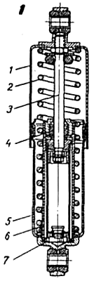 Задний амортизатор: 1 — верхний стакан; 2 — пружина; 3 — шток амортизатора; 4 — сальник штока; 5—нижний стакан; 6 — корпус гидроамортизатора; 7 — клапан