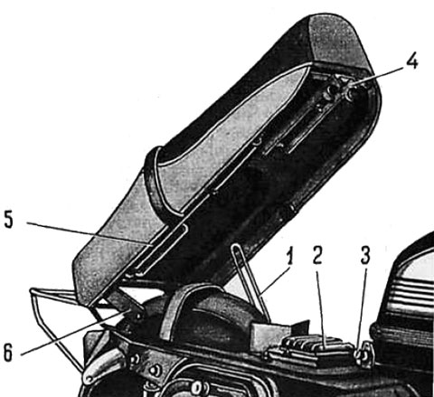 Седло мотоцикла в поднятом положении: 1 — упор; 2 — фильтрующий элемент воздухофильтра; 3 — защелка; 4 — передний кронштейн: 5 — насос; 6 — задний кронштейн