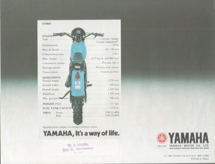Мотоцикл Yamaha IT 400E 1978 фото